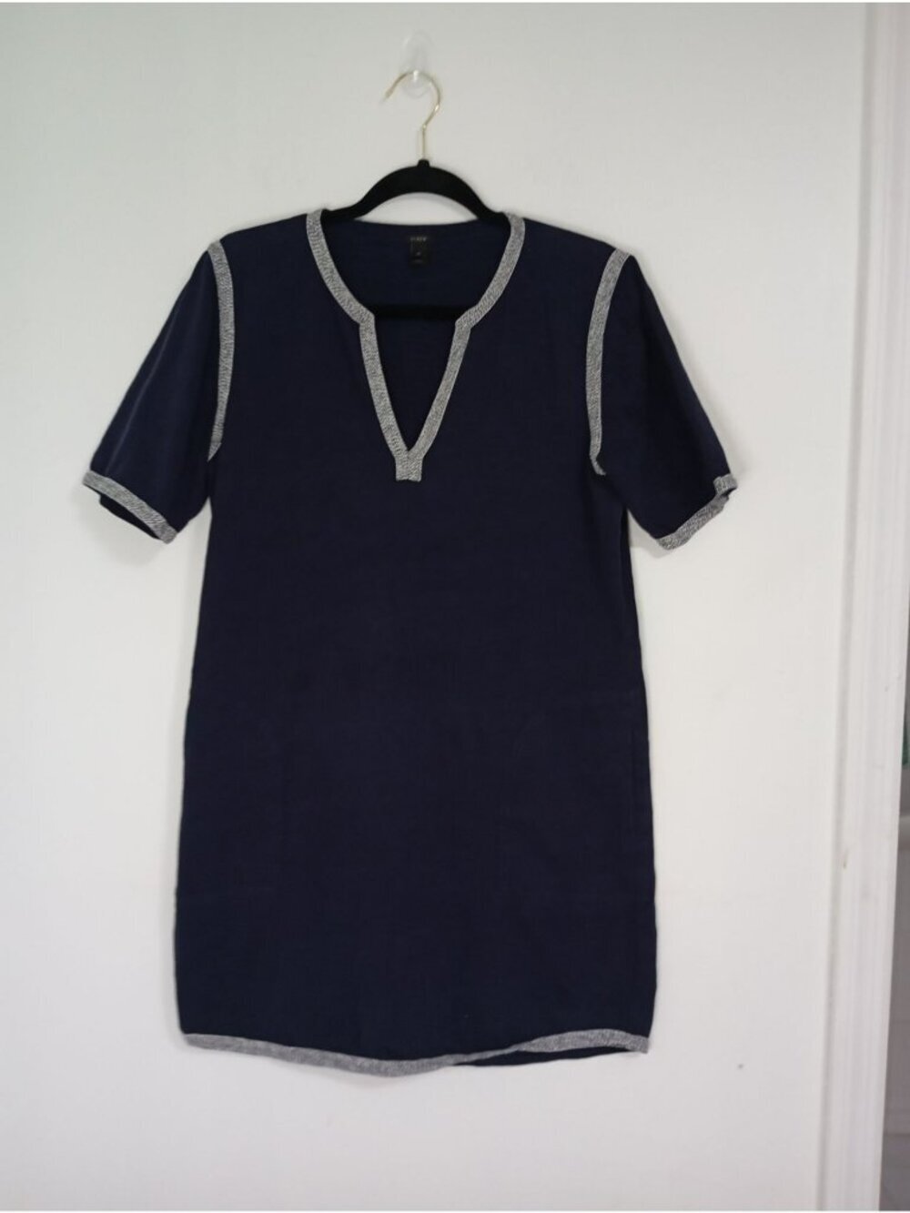 J.Crew Navy Tunic Dress Contrast Trim Size M Side Pockets Casual Chic Style